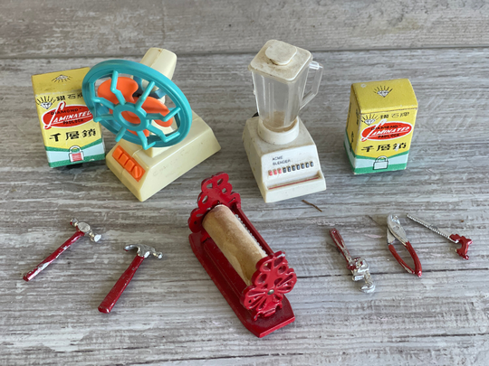 Vintage Miniature Dollhouse Items -Metal Tools Paper Dispenser Blender Fan Tiny Boxes - For Dollhouse, Not Toys
