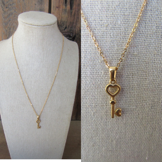 70S 80S Avon Gold Tone Dainty Necklace | Heart Key Charm 18" Chain & Pendant