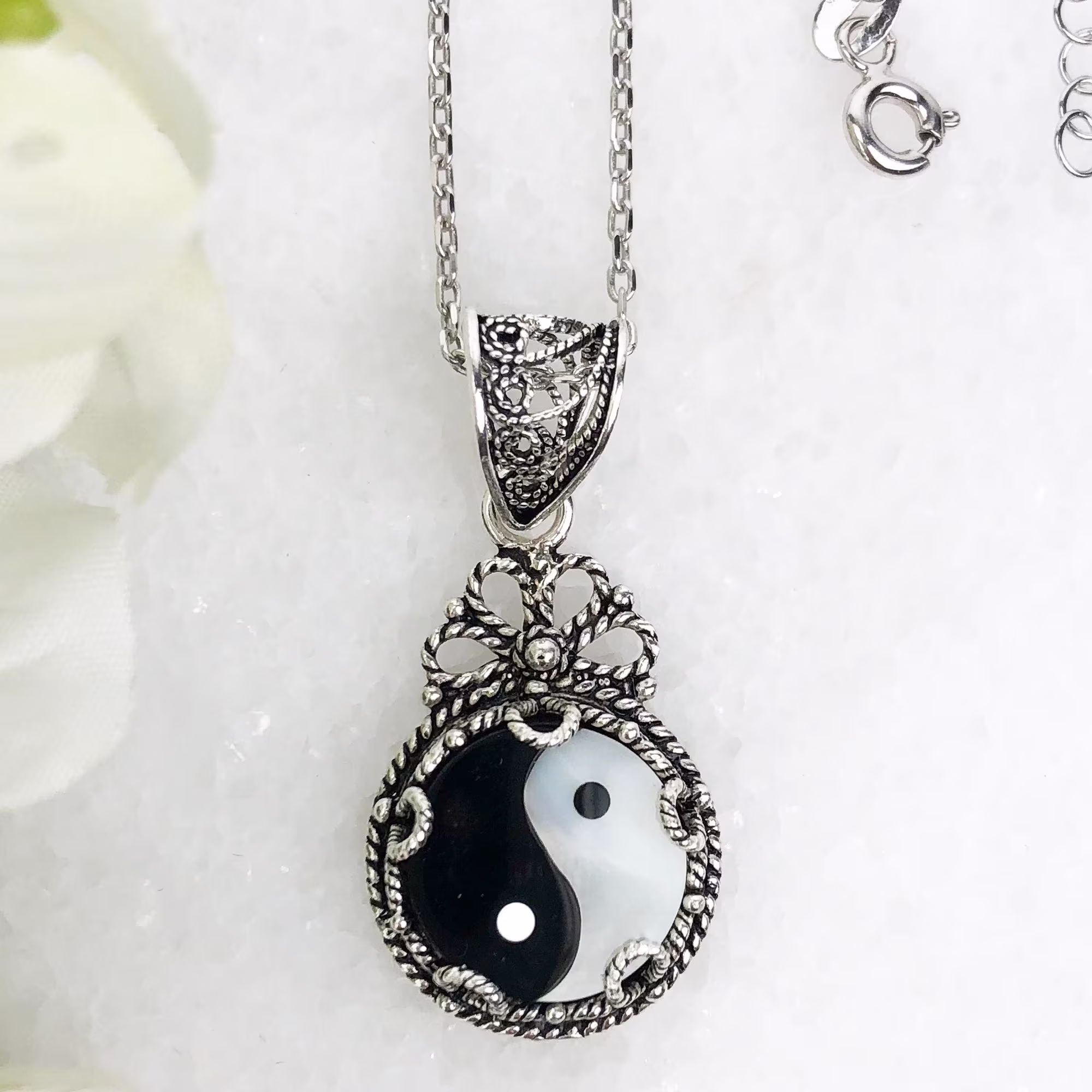 Yin Yang Pendant Necklace Onyx & Mother Of Pearl Sterling Silver Handmade Artisan Filigree Taoist Zen Spirit Spiritual Balance Jewelry Gift