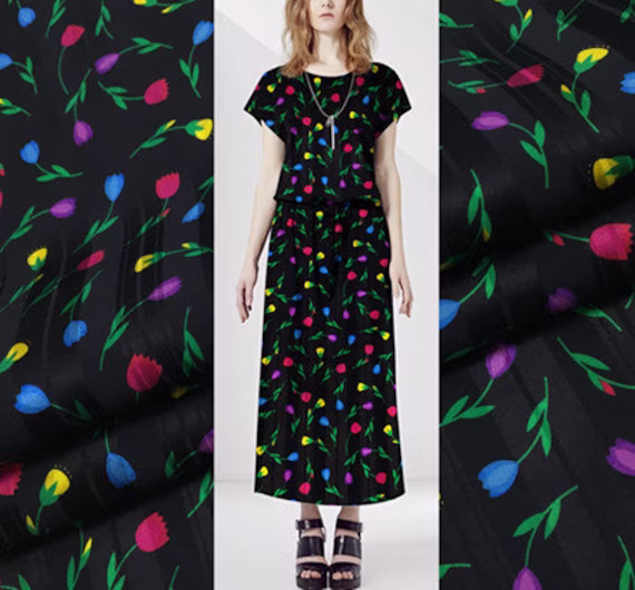 Floral Print Black Silk Cotton Mulberry Satin Blend Fabric, Width 44 Inch