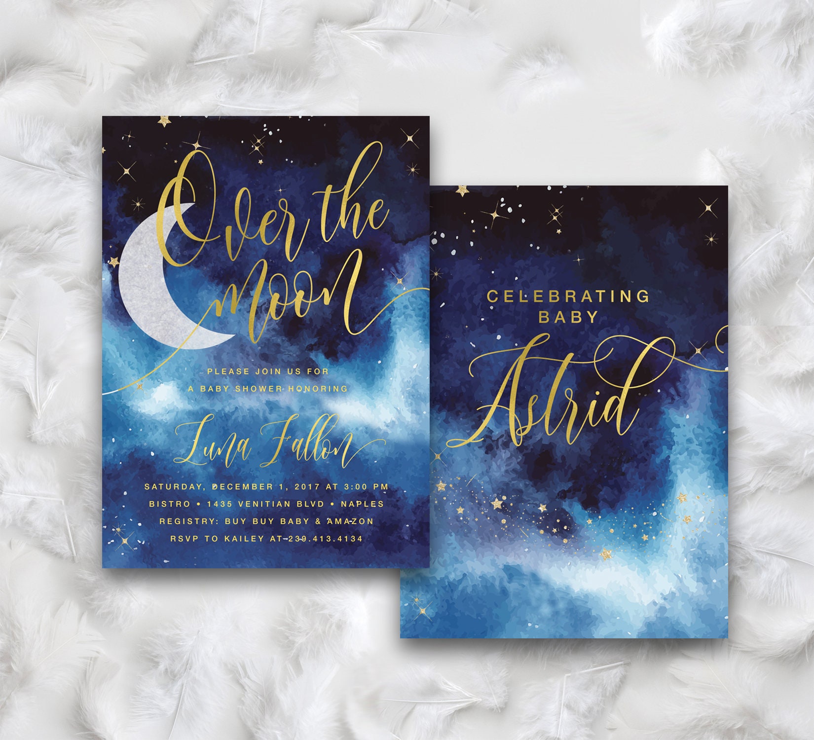 Over The Moon, Baby Shower Invitation, Moon & Stars Invite, Boy Blue Invite - Luna