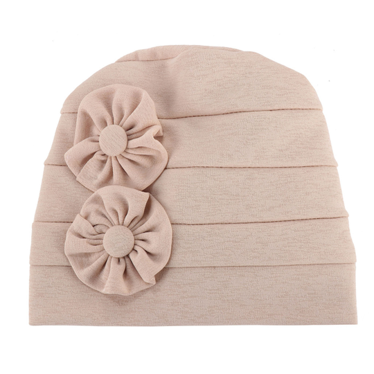 Women Beanie Solid Color Flowers Soft Elastic Linen Blend Head Wrap Hat for Daily Life - beige