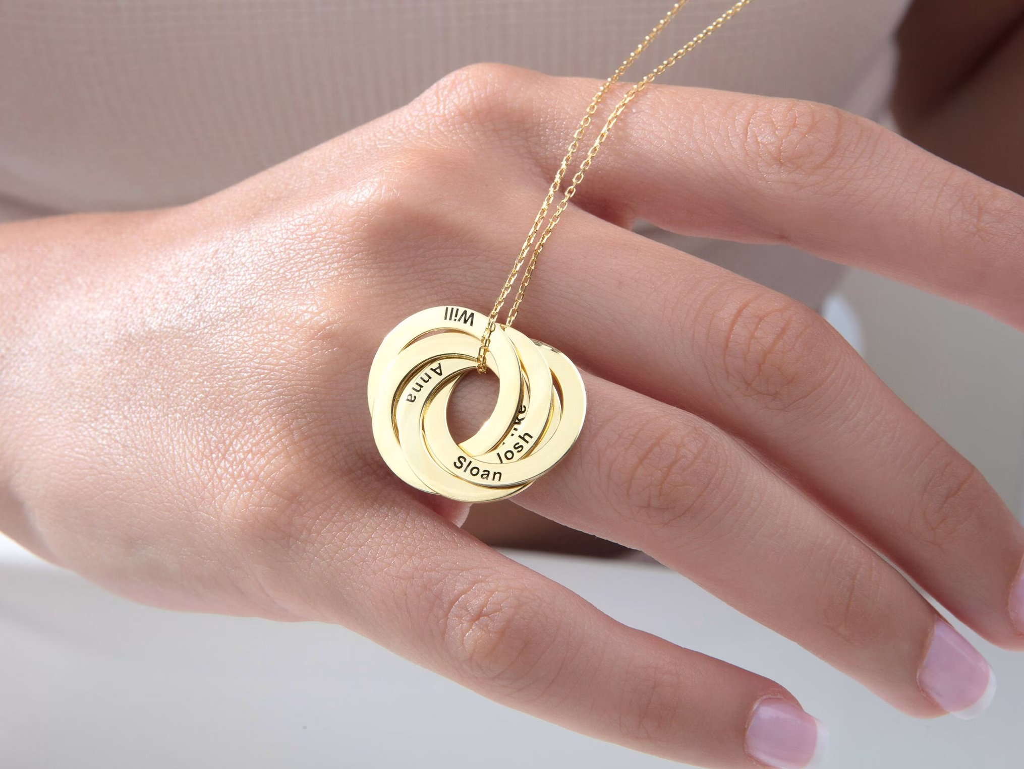Solid Gold Name Necklace, 14K Engraved Pendants, Circle Family Custom Made Gift For Mothers, Valentines Day