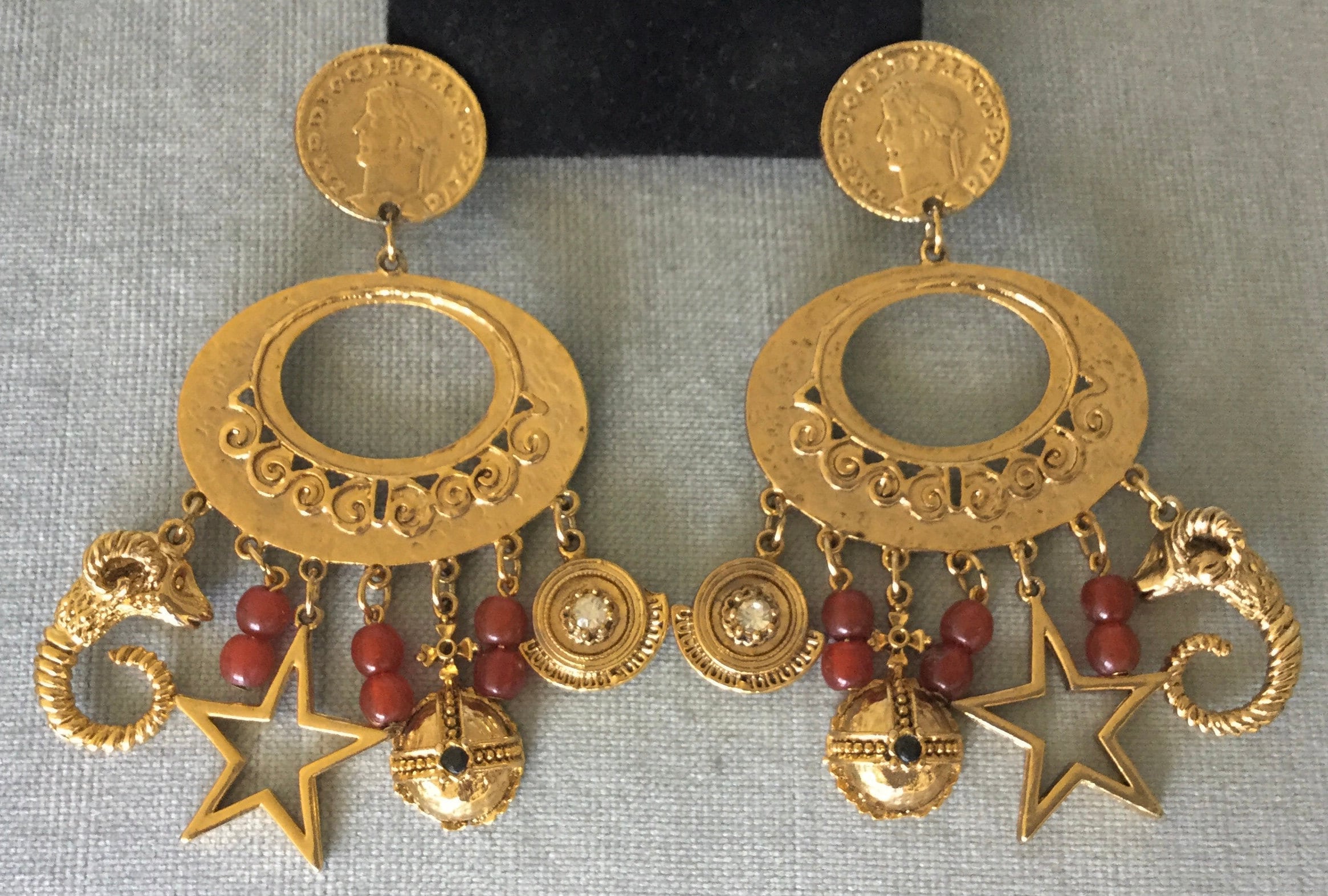 Massive Craft Signed 4 Roman Coin & Charms Ram Star Cross Beads Chandelier Earrings Gold Metal Etruscan Vintage Designer Couture Statement