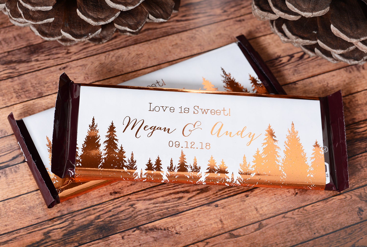 Wedding Candy Wrappers - Metallic Foil Chocolate Bar Wrappers Rustic Woods Labels Stickers #wdihb-129