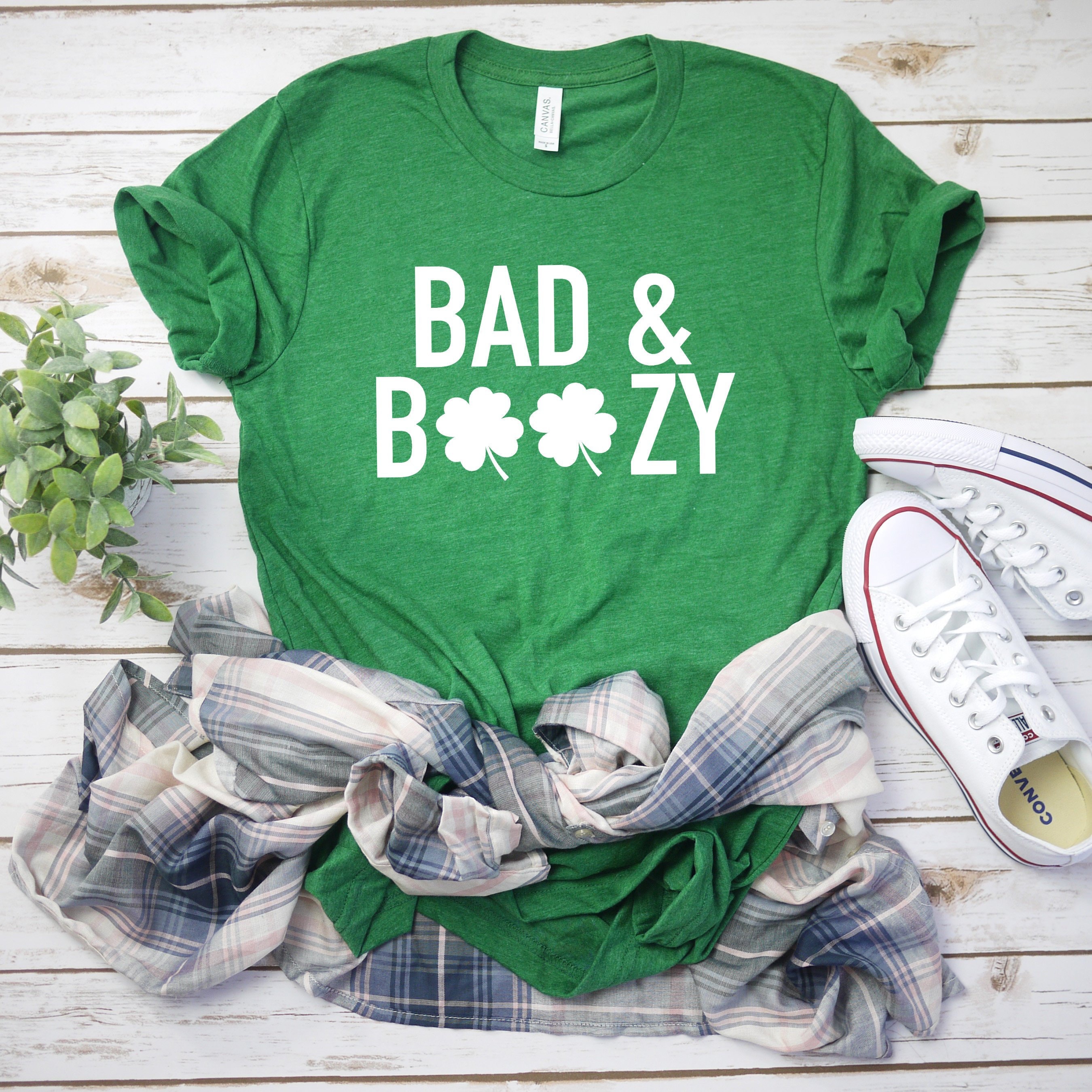 Women's St Patty's Day Shirt, Bad & Boozy Shirt, Funny Drinking St. Patricks Day St Pattys Shirt Funny