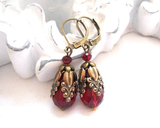 Dark Red Victorian Filigree Earrings Brass Drop Style