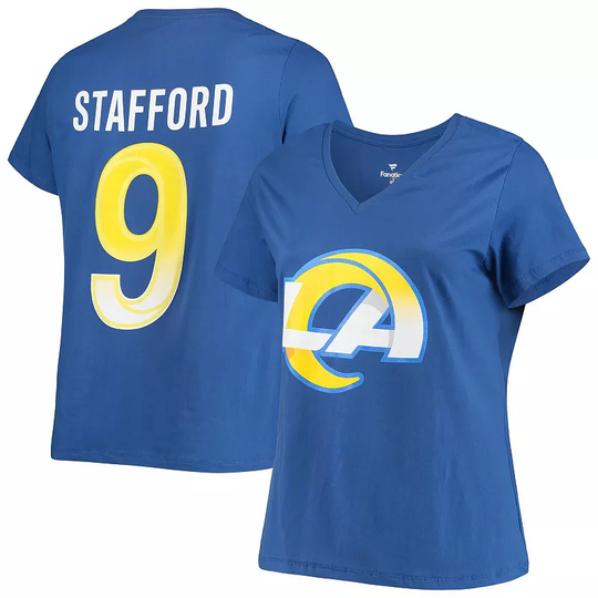 Women's Fanatics Branded Matthew Stafford Royal Los Angeles Rams Plus Size Player Name & Number V-Neck T-Shirt, Size: 1XL, Blue