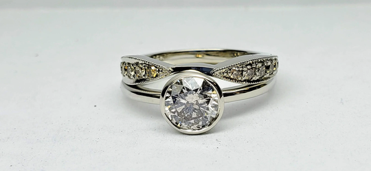 White Gold Round Champagne Color Diamond Engagement Ring With Wedding Band, Bezel Ring