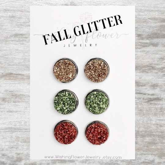 Fall Glitter Druzy Earring Set/Hypoallergenic Stainless Steel Faux Studs Of 3 Stud Earrings
