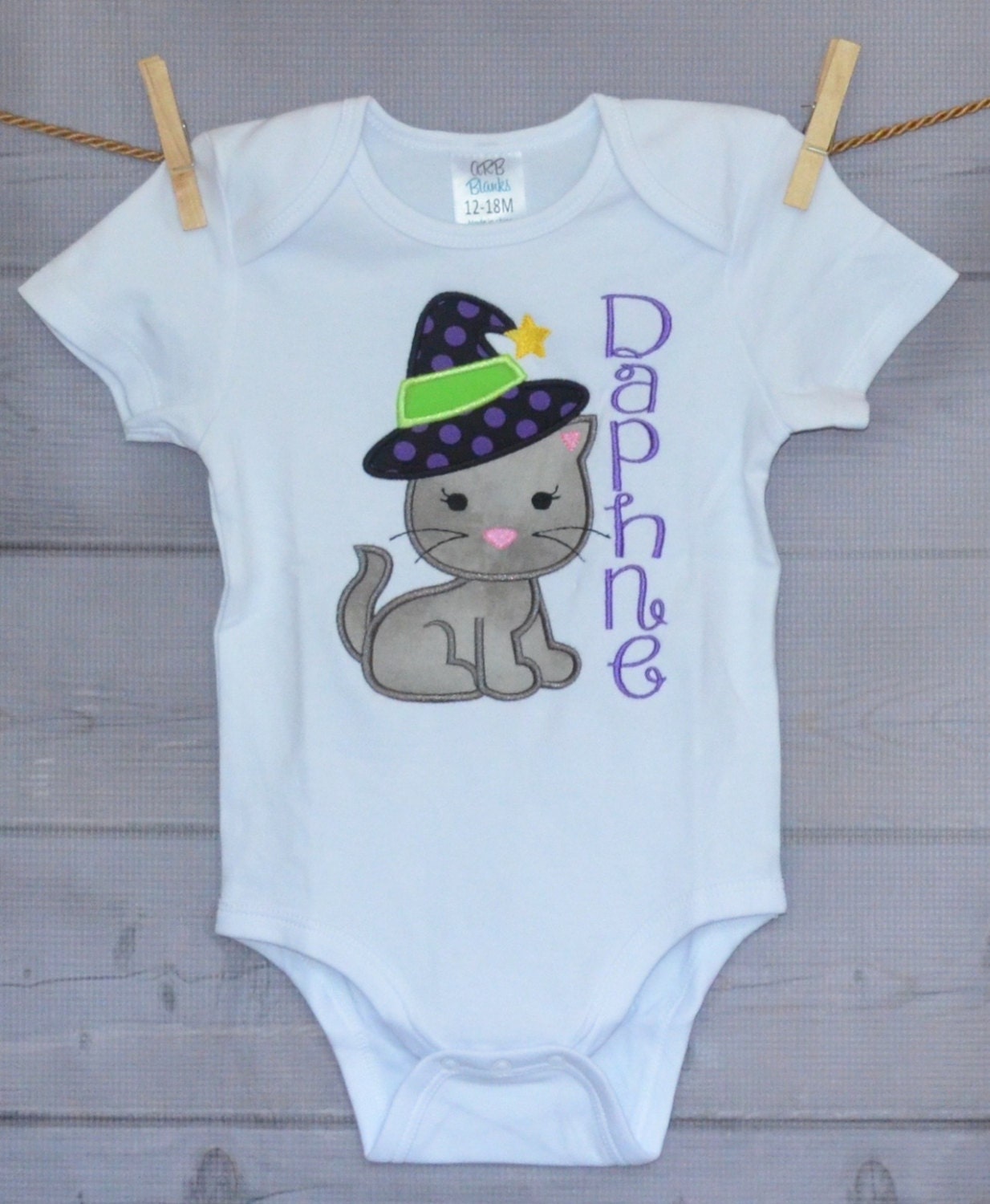 Personalized Halloween Cat With Witch's Hat Applique Shirt Or Bodysuit For Boy Girl
