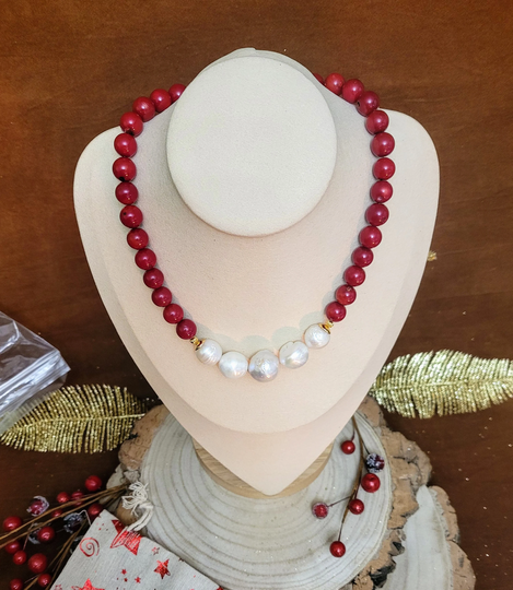 10mm Red Coral Beads With 5 Graduated Baroque Cultured Pearls Front Detail. Gift For Her. 20 X 18mm Largest Pearl