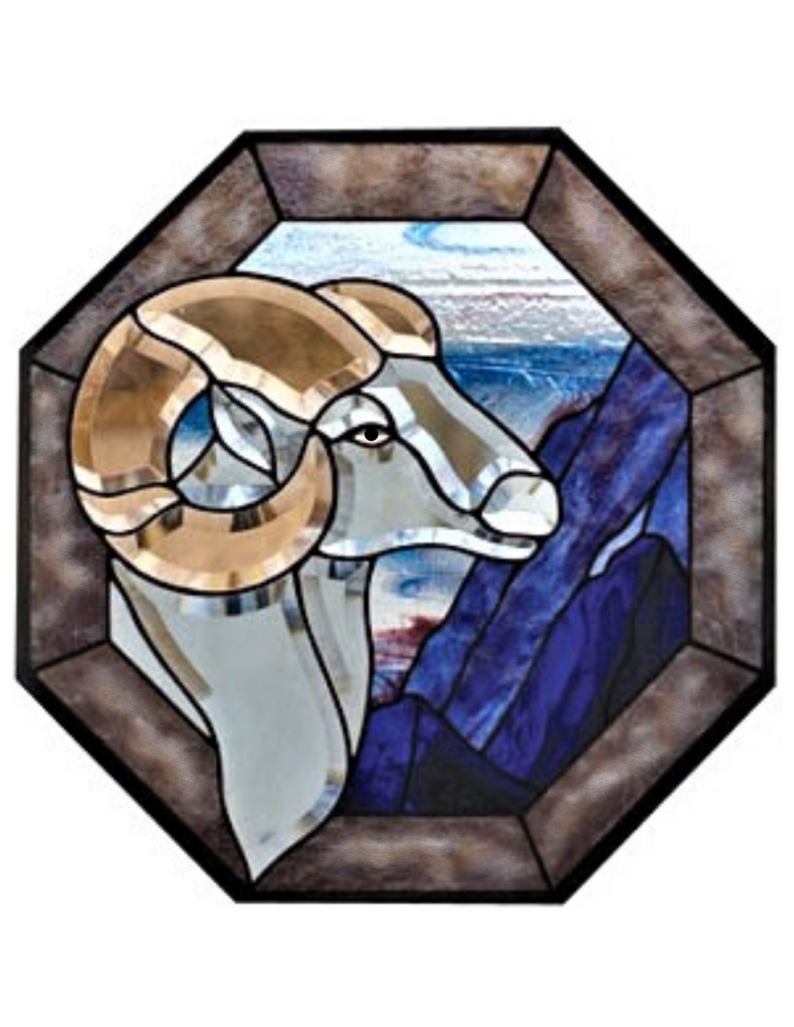 Ram Window Cling ~ Suncatcher Beautiful Faux Stained Glass Decoration Size 5.2 Octagon Repositionable Vinyl