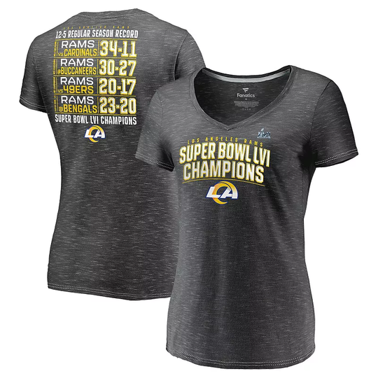 Women's Fanatics Branded Heathered Charcoal Los Angeles Rams Super Bowl LVI Champions Schedule V-Neck T-Shirt, Size: 3XL, Grey