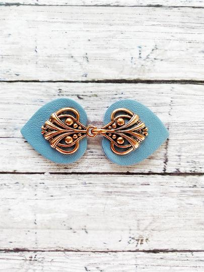 Cinch Clip | Waist Cincher Copper On Light Blue Leather Dress Clips Cloak Clasp Cardigan Unique Gift Kardiklips K-131