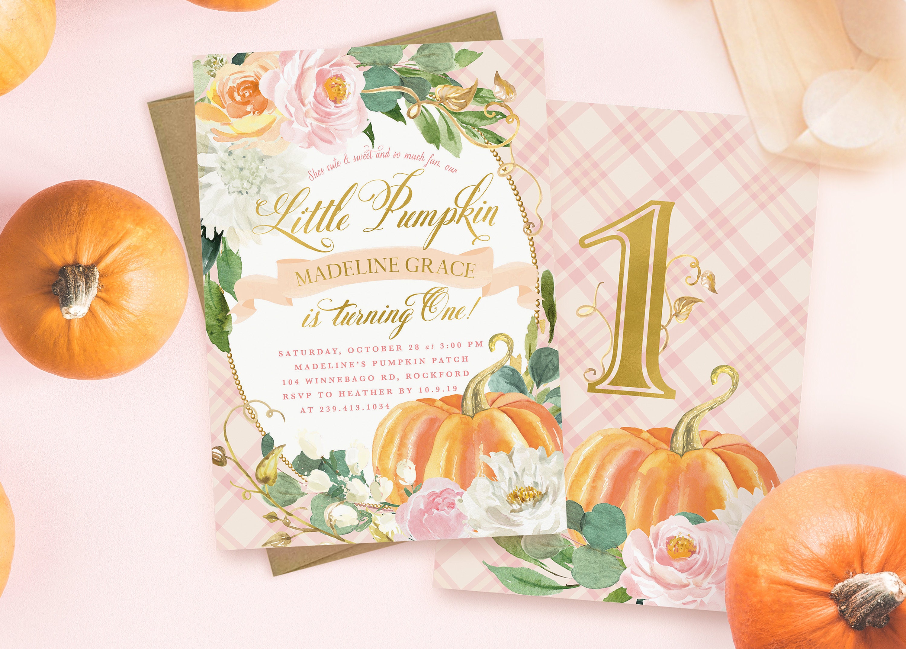 Pumpkin Birthday Invitation, First Birthday Invitation, Fall 1st Invite, Little Is One, Orange & Pink - 16