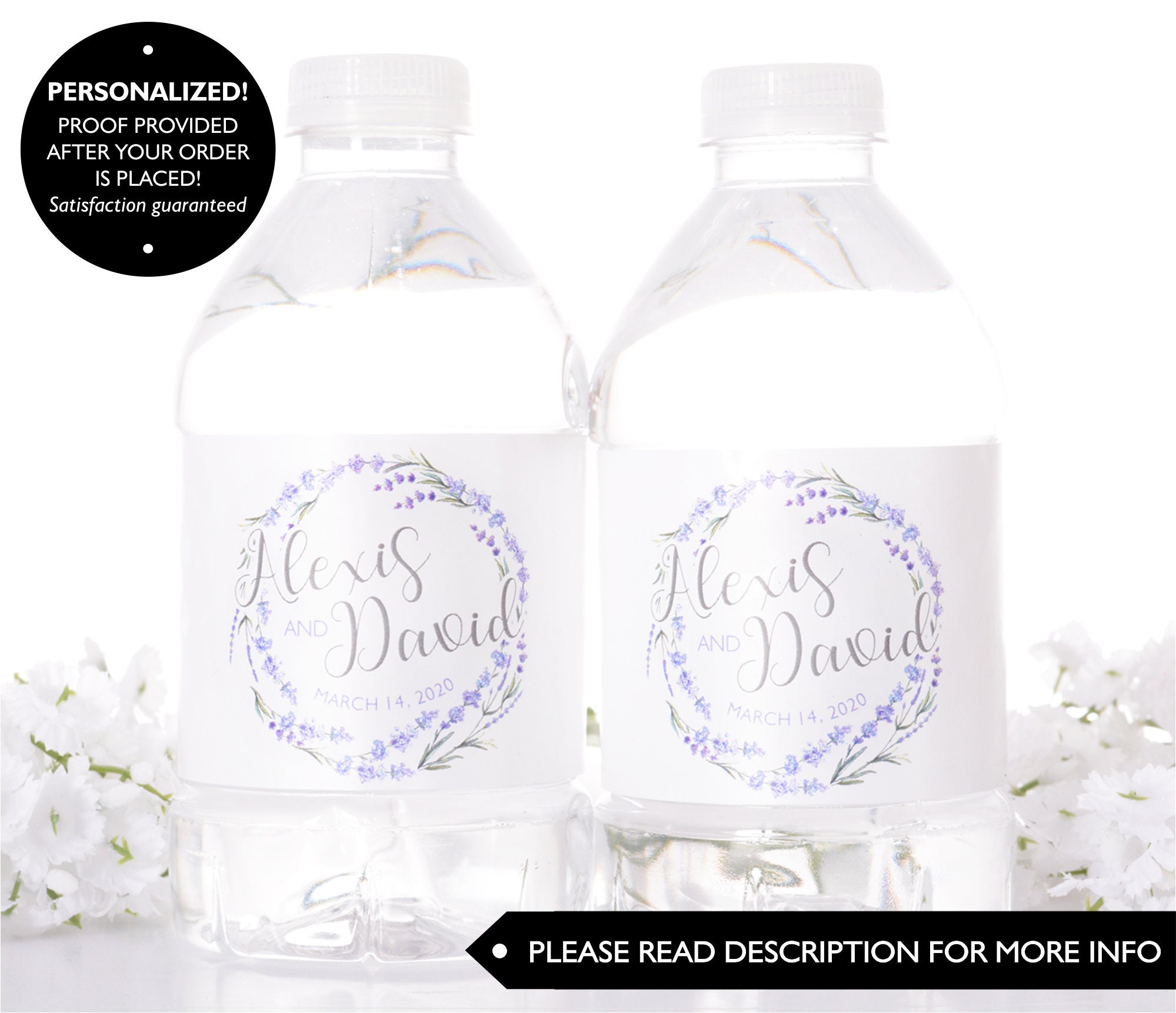 Custom Wedding Labels - Stickers For Water Bottles Waterproof Lavender Bottle Wraps