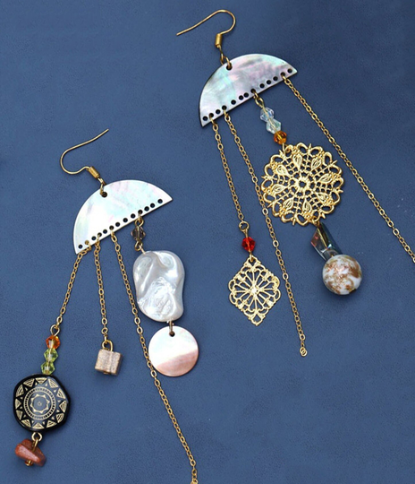 Handmade Bohemian Earrings Statement Boho Shell Abalone Gold Tassel Asymmetric