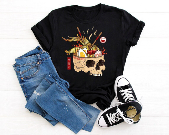 Skull Ramen Shirt Tshirt Japanese Food Top Skeleton Graphic Tee Pastel Goth Clothes Grunge Crewneck Emo T-Shirt Anime Aesthetic