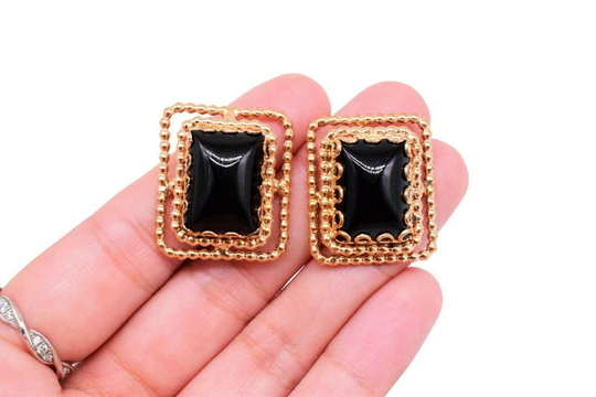 3 Jet Black Glass Stones Rectangular Settings 27 X 23mm Vintage