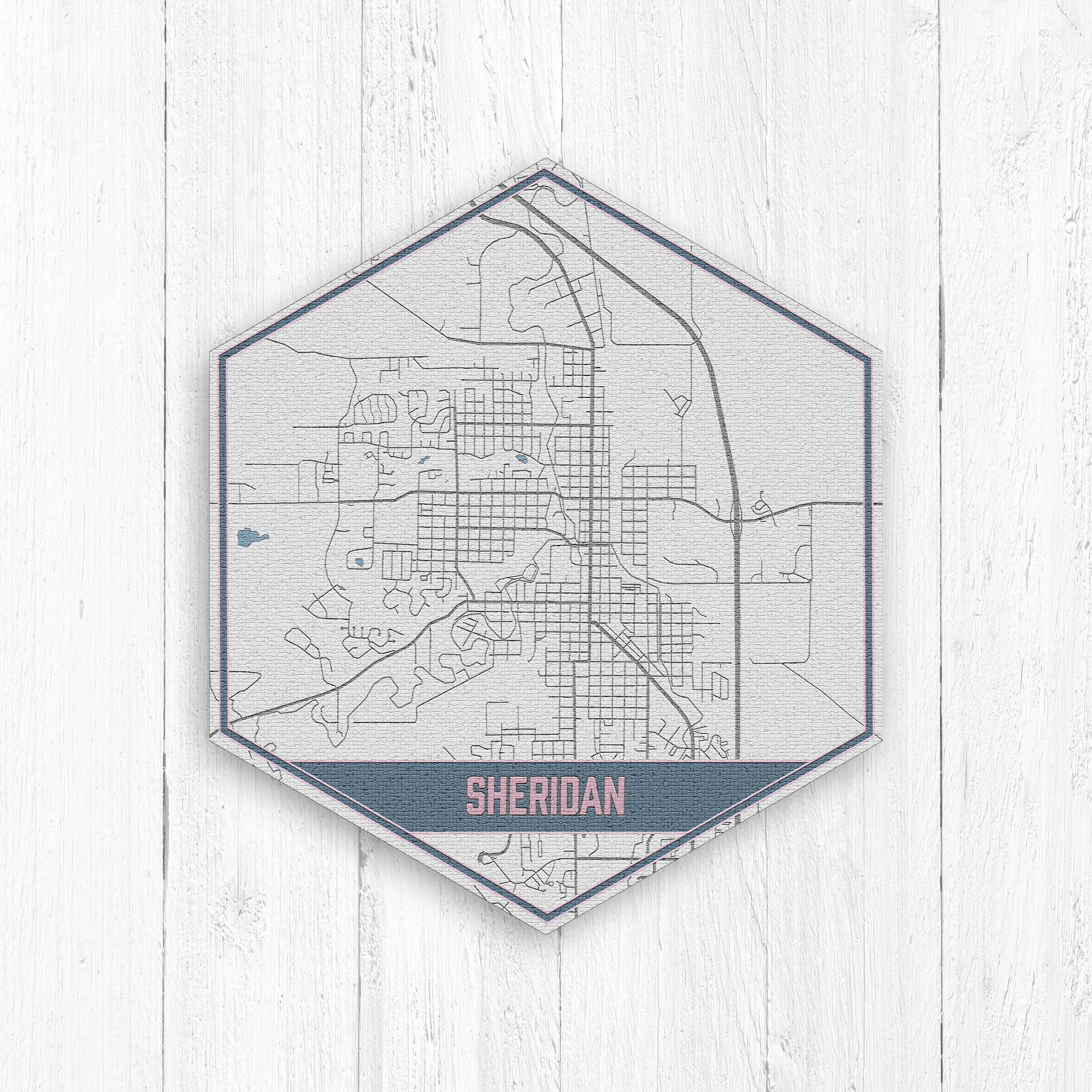 Sheridan Wyoming Street Map, Hexagon, Gray & Blue Print, Wyoming, Hexagon Canvas