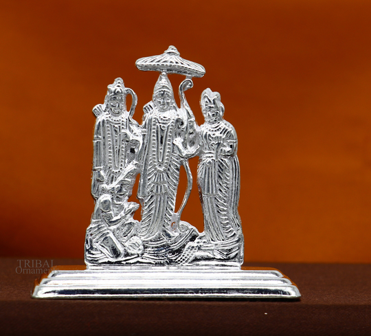 Sterling Silver Handmade Divine Hindu God Rama Laxman Seeta & Hanuman Blessing Statue, Ram Darbar Figurine Puja Article Art464