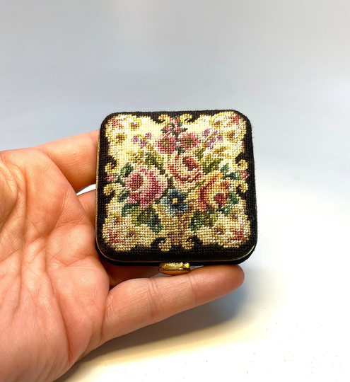 Petit Point Compact, Vintage, Brass, Bevelled Mirror, Powder, By J. Jolles Studios Booklet, 1955, Never Used, New Condition