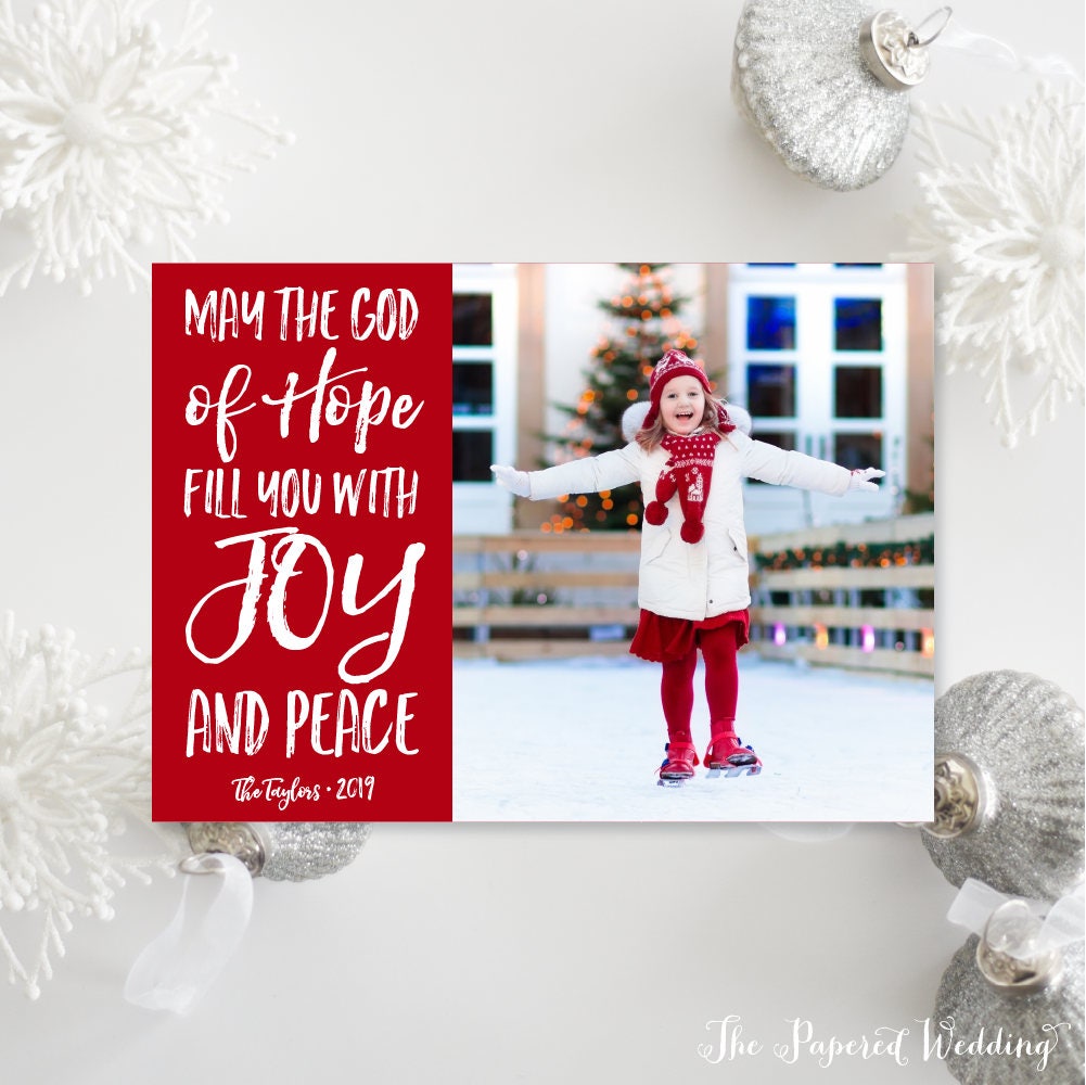 Printable Or Printed Photo Christmas Cards - May The God Of Hope Fill You With Joy & Peace Red Holiday 014 P1