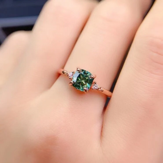 Dainty & Gorgeous Green Cushion Moissanite Ring Leafs Band Ring 1Ct D Color Vvs1, Sterling Silver Anniversary Gift, Women's