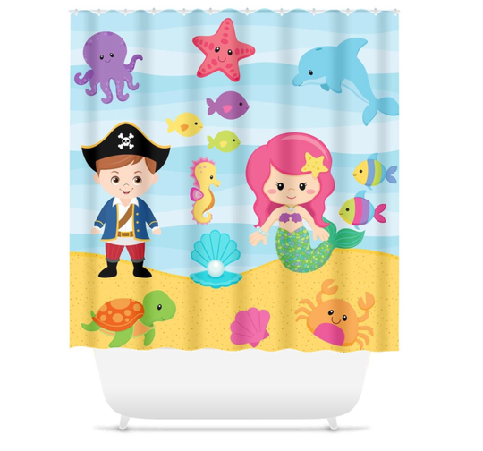 Mermaids Pirates Shower Curtain Sea Animals Brother Sister Bathroom Decor Kids Turtle Starfish Octopus Crab Fish S108
