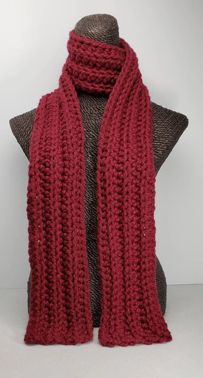 Chunky Wool Blend Crochet Winter Scarf - Dark Red