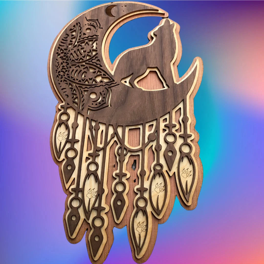 Multilayer Wood Art Wolf Moon Dreamcatcher 3D Wall Hanging, Art, Decor, Home Decor