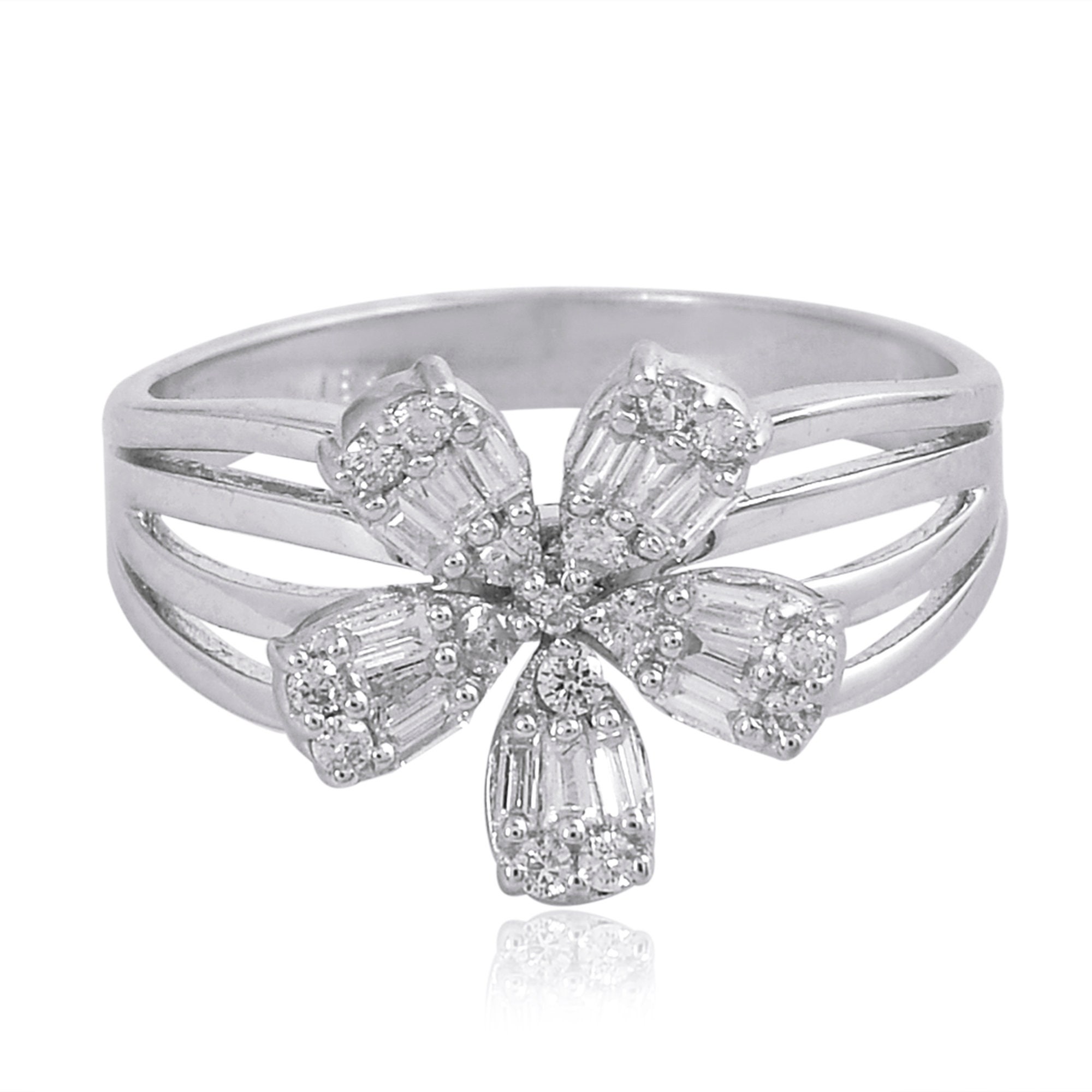 Solid 18K White Gold Natural 0.45 Ct. Hi /Si Clarity Baguette Diamond Flower Ring Handmade Fashion Fine Jewelry Certified Mother's Day Gift