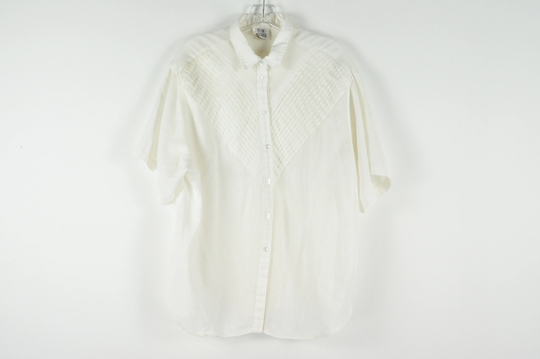Vintage White Linen Blend Shirt - Xl | Lightweight Rayon Short Sleeve Blouse Minimalist Top