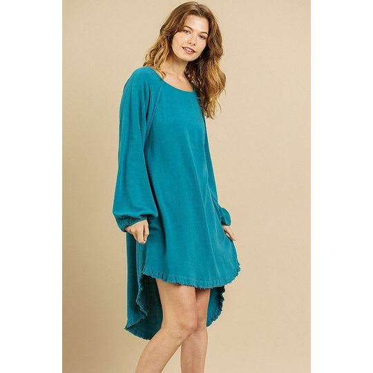 Linen Blend Long Puff Sleeve Round Neck High Low Dress - Teal, L - large turquoise