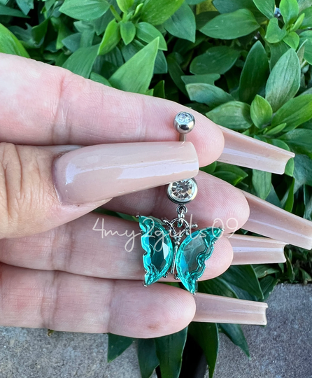 Bin #17 Butterfly Blue Apatite Crystal Gem Stone Silver Inspired Simple Boho Dangle Navel Belly Button Ring 316L Stainless Steel