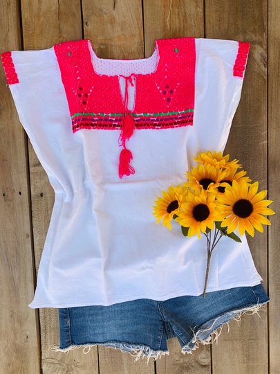 Traditional Hand Embroidered Mexican Huipil On Manta/100% Cotton-Boho-Hippie-Trendy-Fiesta Birthday Outfit-Coco-Latina-Frida Kahlo-Amor