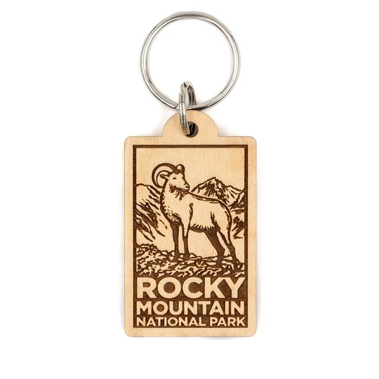 Rocky Mountain National Park Wood Keychain - Mountain Goat, Colorado, Ram, Rocky Mountain, Estes Park, Winter Boulder