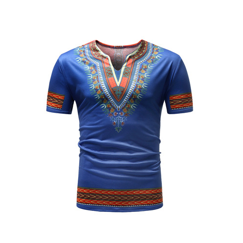 African DashikiT-shirts White Blue Ethnic Style Printed Blended Slim Fit Casual Short-Sleeved V-neck Man Tops Tees Clothing - blue, xxl