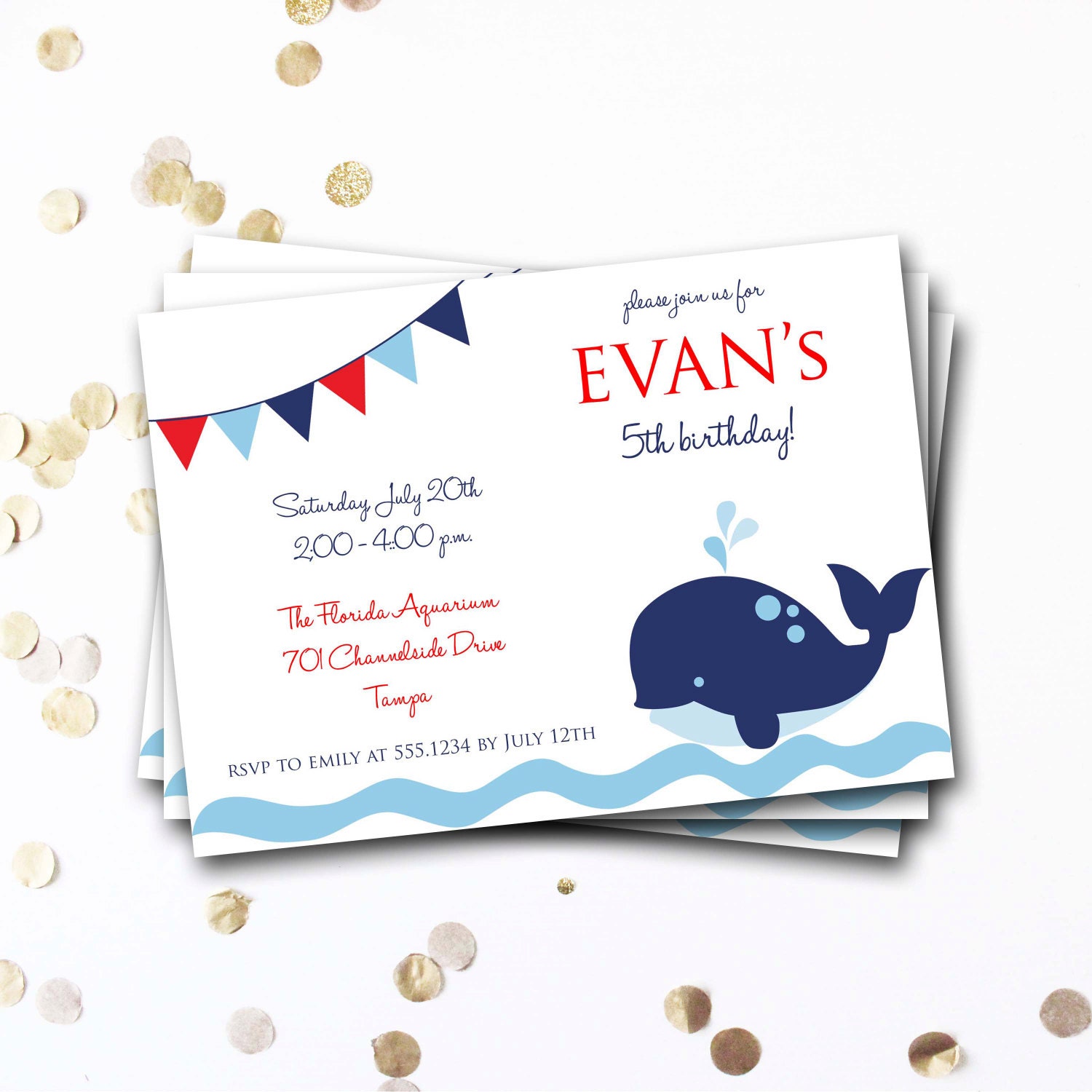 Nautical Birthday Invitation, Whale Under The Sea Birthday, Preppy First