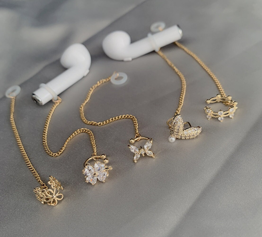 Airpod Vertical Earrings/Non-Hole Gold Flower Anti-Lost Earpod/Functional Earrings/Bluetooth Earphone Chain | Without Earphones