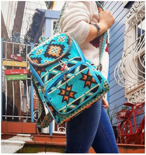 Turquoise Ethnic Pattern Rug Kilim Very Strong Bag, Weekend Walking Backpack, Laptop Traveler Hiking Birthday Gift Her, Christmas