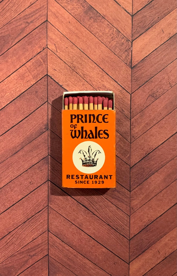 Vintage Matchbook, Prince Of Whales, Seafood, Restaurant, Long Beach, California, Matchbox, with Wooden Match Sticks, Free Ship Usa