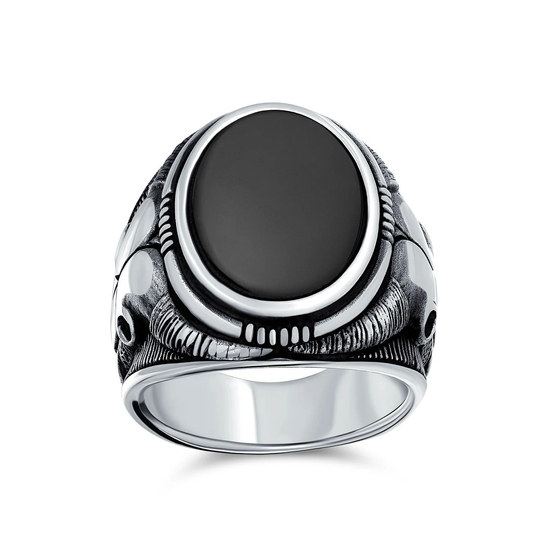 Mens Signet Tiger Eye Onyx Buffalo Cow Antelope Skull Ring 925 Silver