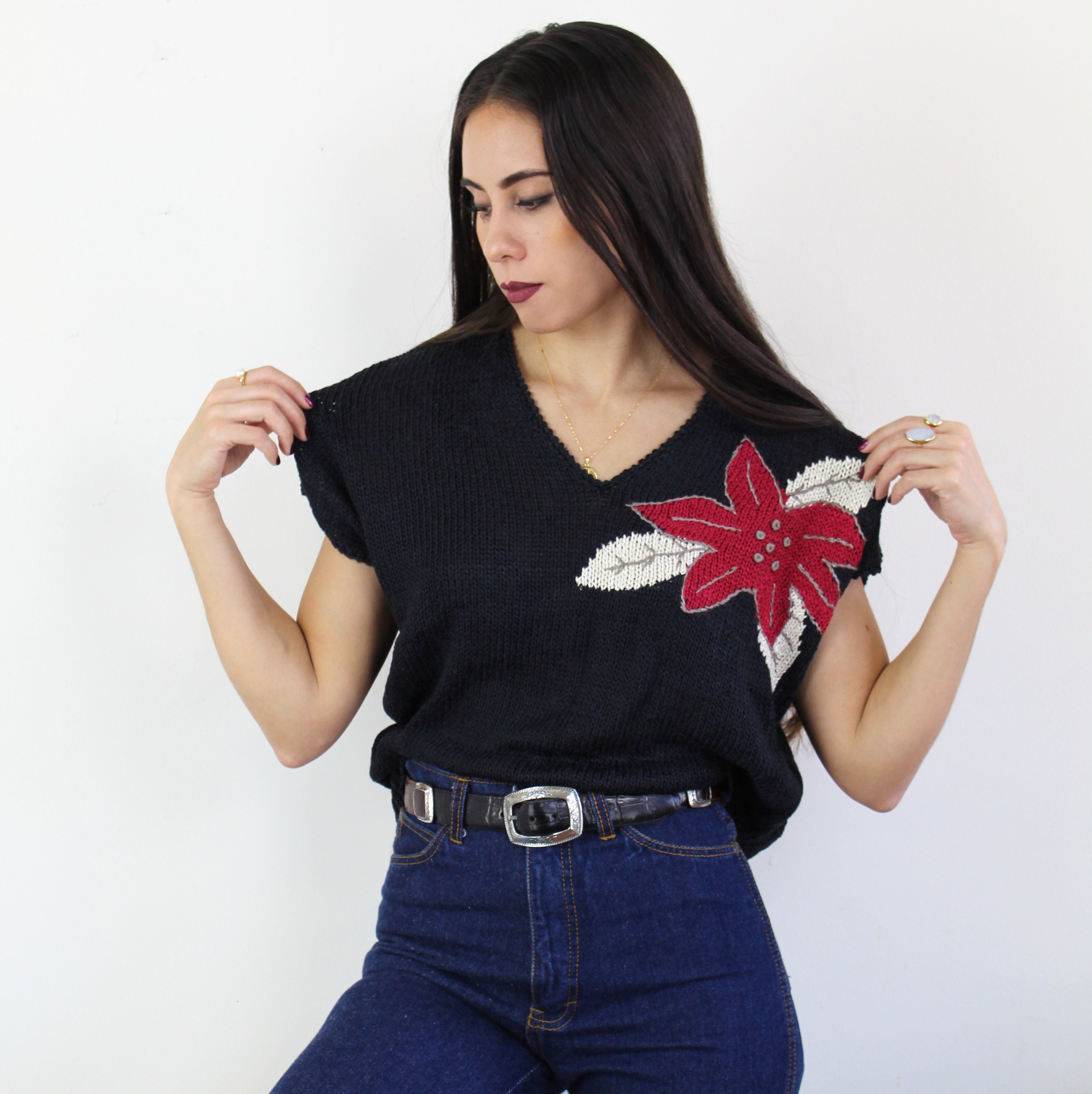 90S Navy Silk Blend Sleeveless Sweater With Floral Motif, Medium, Navy Vest, Sweater, Vintage, Aesthetic, Summer Sweater