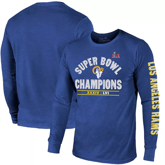 Men's Majestic Threads Royal Los Angeles Rams 2-Time Super Bowl Champions Always Champs Tri-Blend Long Sleeve T-Shirt, Size: 3XL, Blue