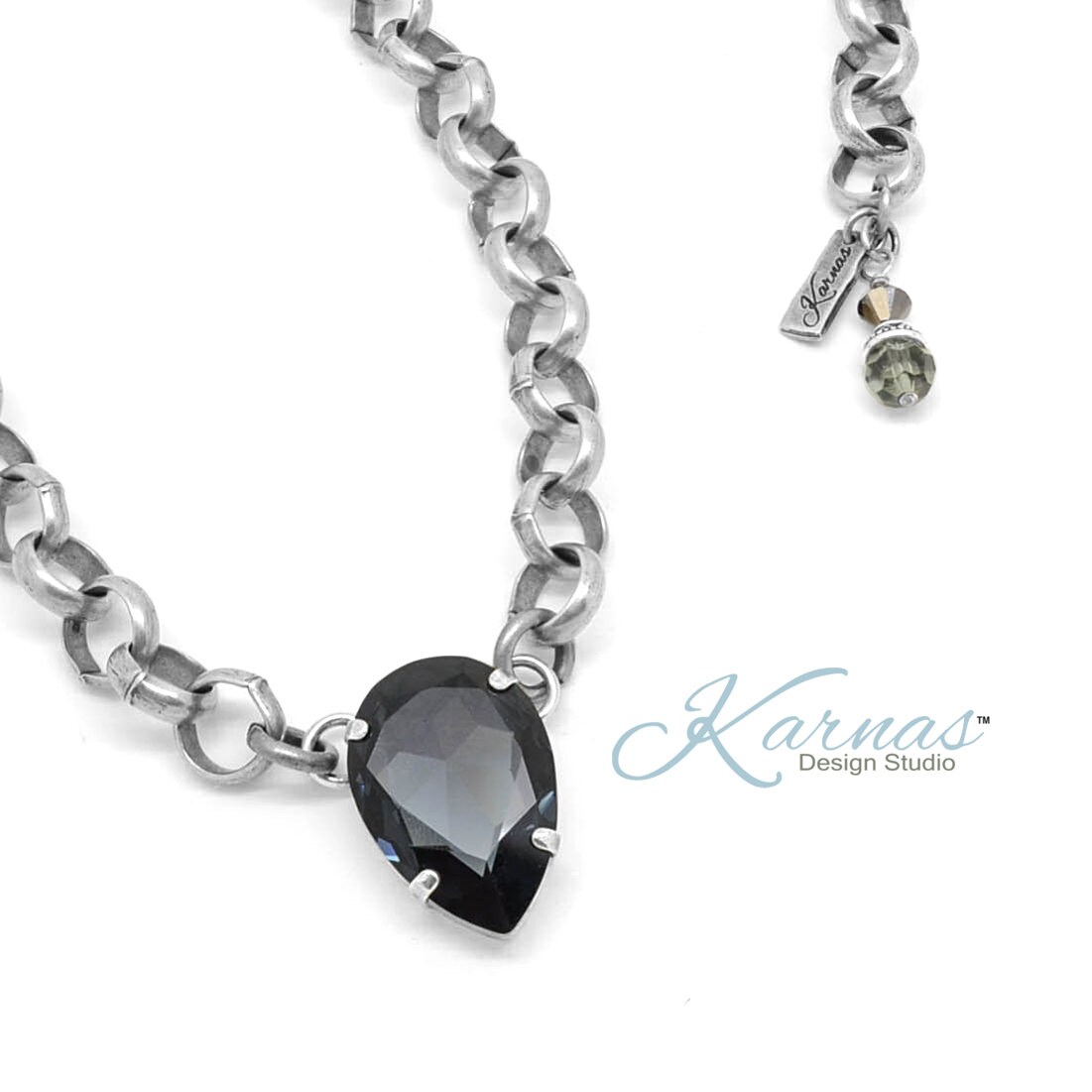 Blue Charcoal 30X20mm Xl Pear Statement Chain Necklace K.d.s. Premium Crystal Antique Silver Karnas Design Studio Free Shipping