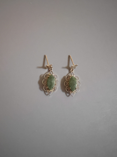 14K Solid Gold With Jade Dangling Earrings. Has Beautiful Ornate Designs. A Nice Addition To Your Outfits. Gift Someone Special