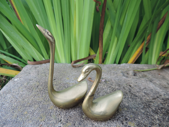 Vintage Brass Swan Statue Mid Century Graceful Bird Figurine Pair