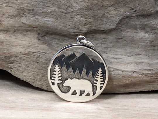 sterling Silver Bear Charm With Mountains & Trees, Charm, Pendant, Charms, Animal Forrest